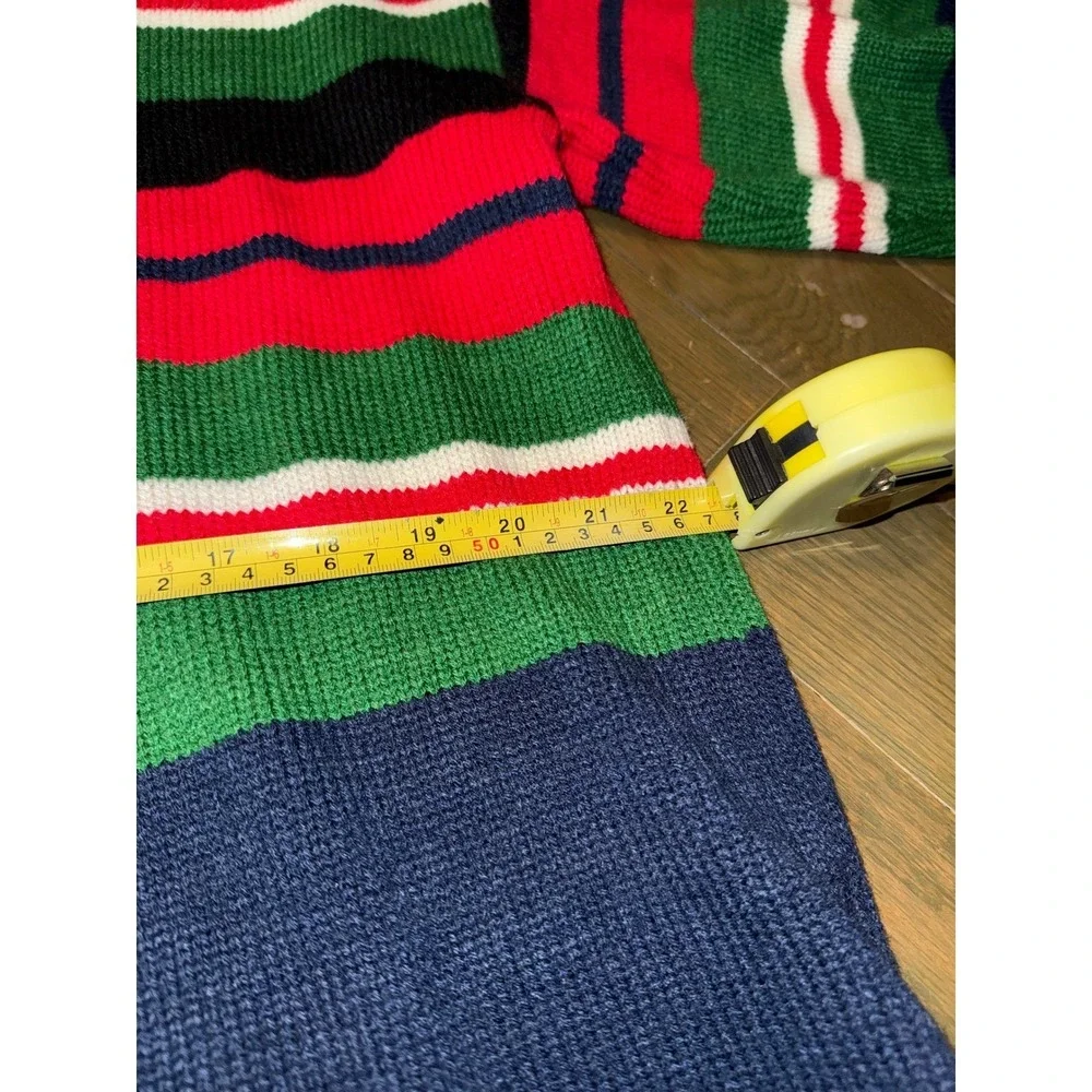 Vintage Style Chunky Knit Striped Sweater Navy Green Red Mock Neck Oversized L‎
